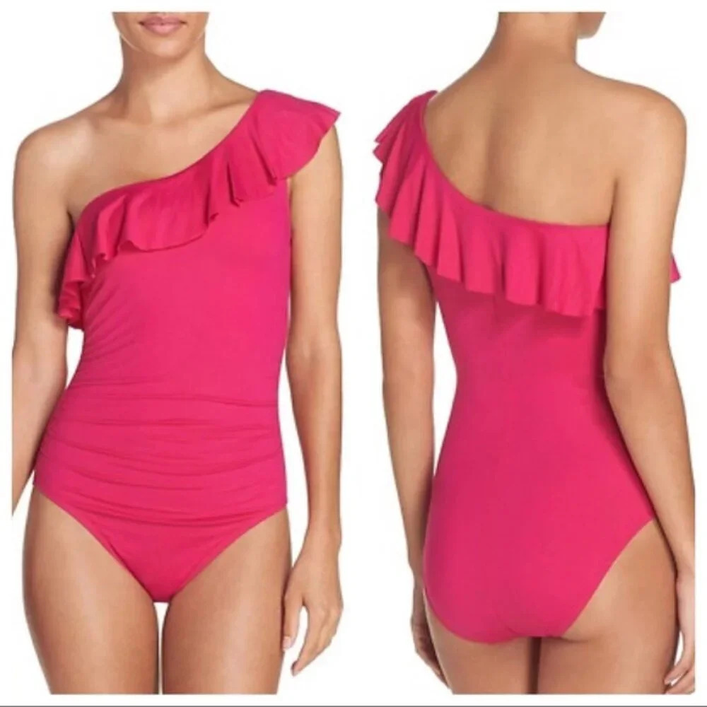 La Blanca Fuchsia One Shoulder Ruffle Swimsuit Size 4